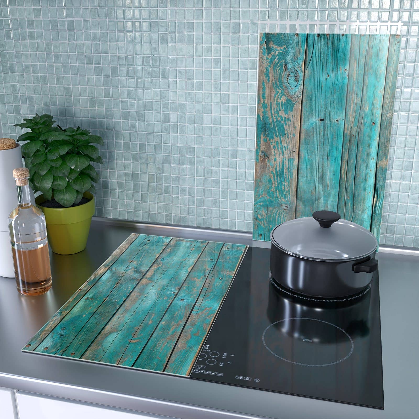 2-teilige Herdabdeckplatte mit Vintage Holz Bretter-Motiv als Spritzschutz hinter dem Kochfeld