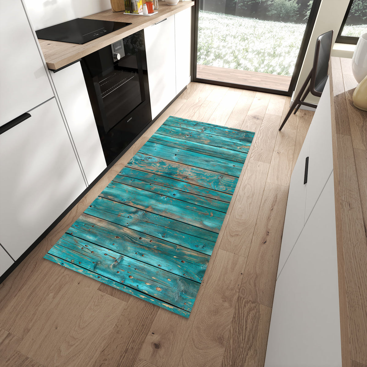 Bodenschonender langer Teppich mit Motiv Vintage Holz Bretter in moderner Küche