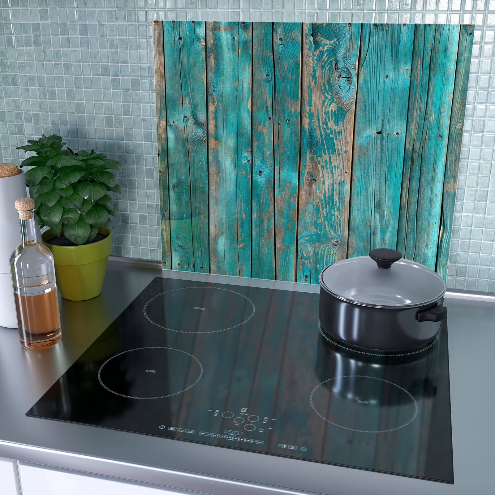 1-teilige Kochfeldabdeckung mit Vintage Holz Bretter-Motiv als Spritzschutz hinter dem Kochfeld