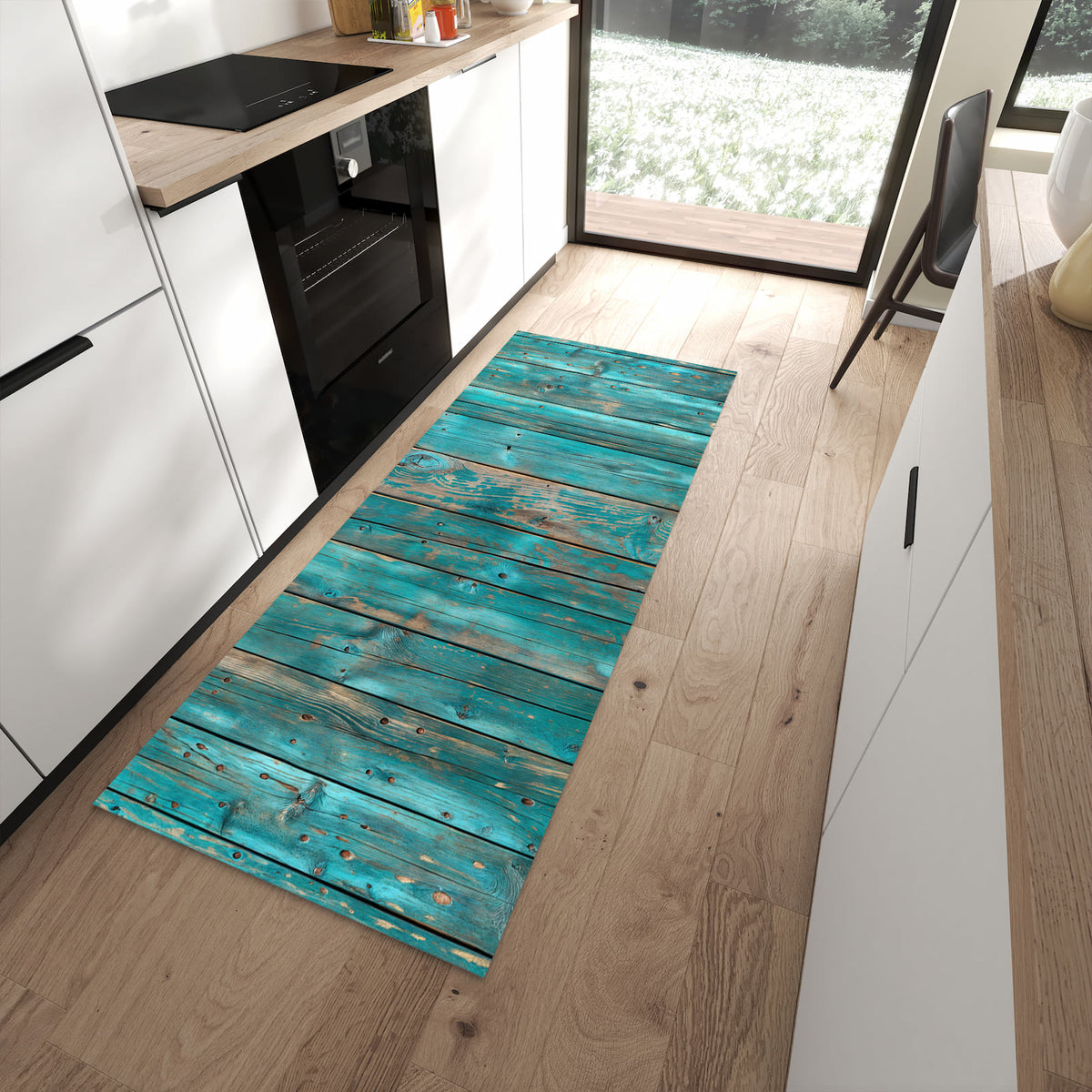 Waschbarer Küchenläufer mit Motiv Vintage Holz Bretter in moderner Küche