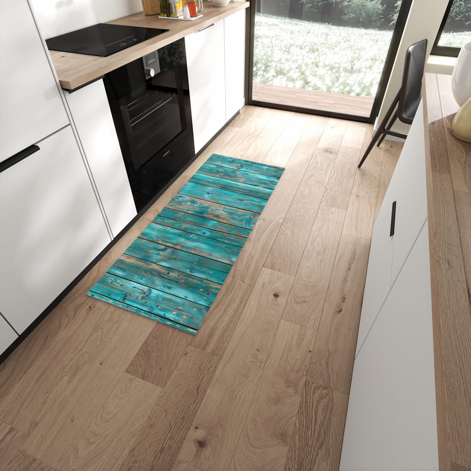 Komfortabler Küchenläufer mit Motiv Vintage Holz Bretter in moderner Küche #grösse_60 x 150 cm