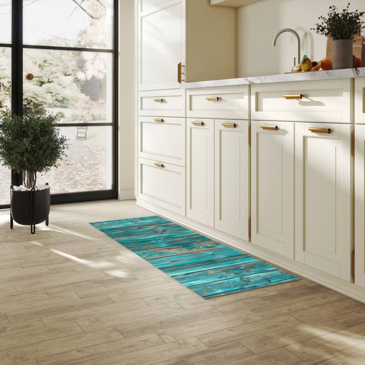 Langlebiger waschbarer Küchenläufer mit Motiv Vintage Holz Bretter in heller Küche