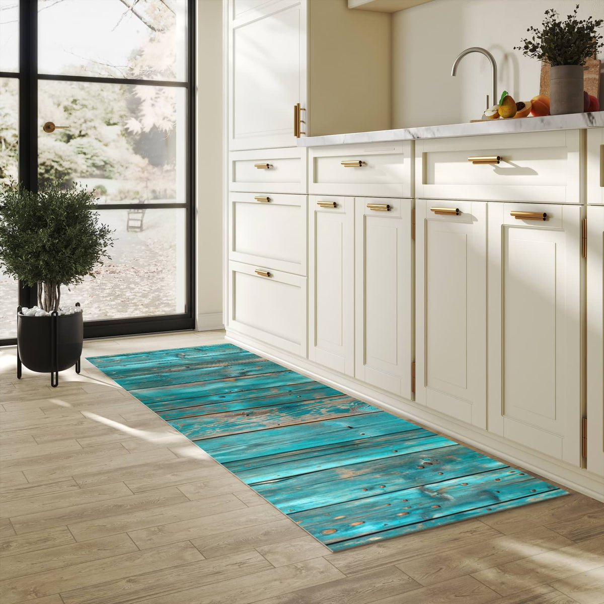 Abwaschbarer Küchenläufer mit Motiv Vintage Holz Bretter in heller Küche für angenehme Haptik