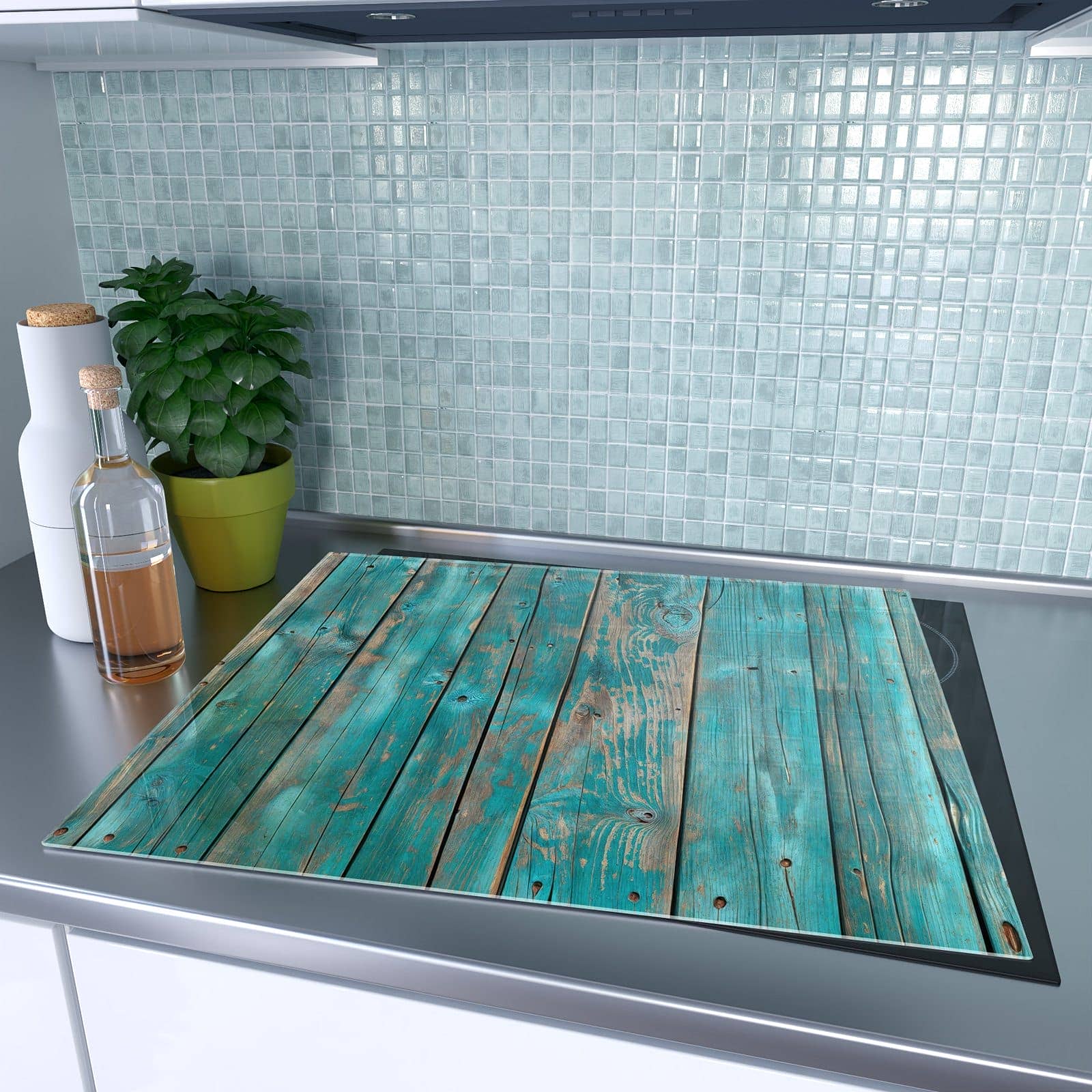 1-teilige Abdeckplatte für Ceranfeld mit Vintage Holz Bretter-Motiv auf dem Ceranfeld