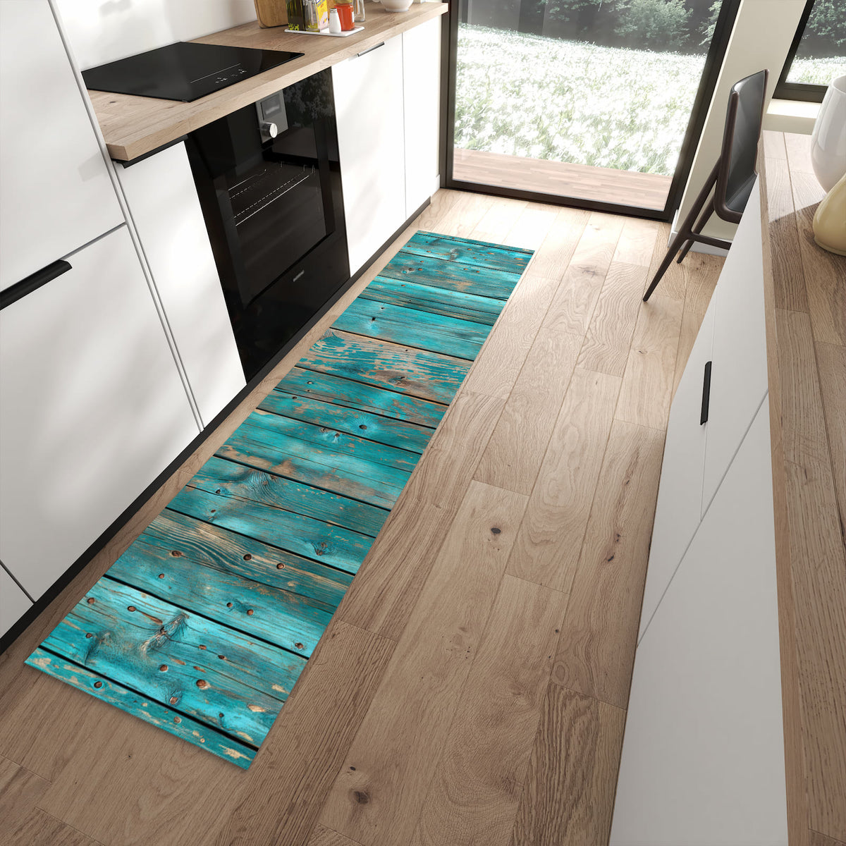 Pflegeleichter Küchenläufer mit Motiv Vintage Holz Bretter in moderner Küche