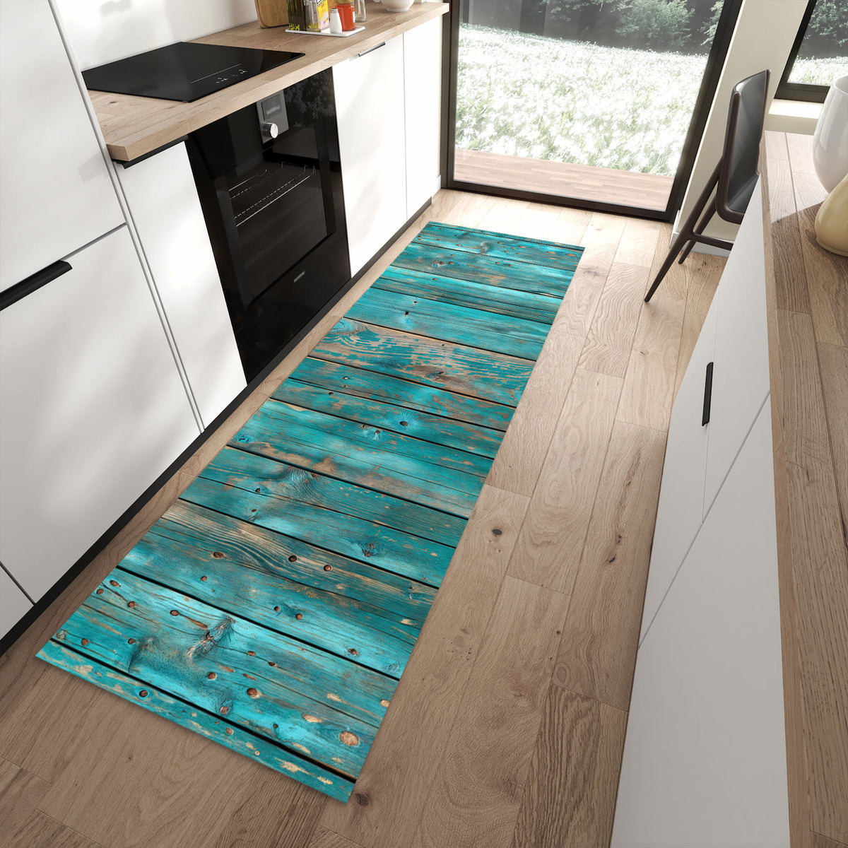 Langlebiger Küchenläufer mit Motiv Vintage Holz Bretter in moderner Küche