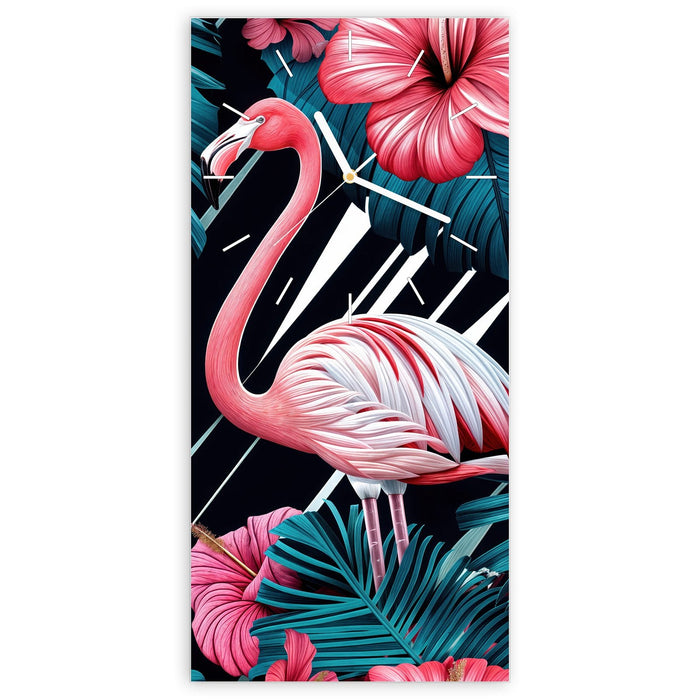 Wanduhr Flamingo Paradise aus Glas – Hochformat 30 × 60 cm mit Ziffernblatt Linie