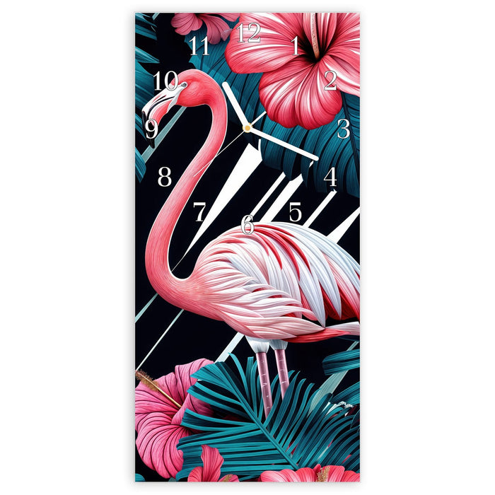Wanduhr Flamingo Paradise aus Glas – Hochformat 30 × 60 cm mit Ziffernblatt Klassisch
