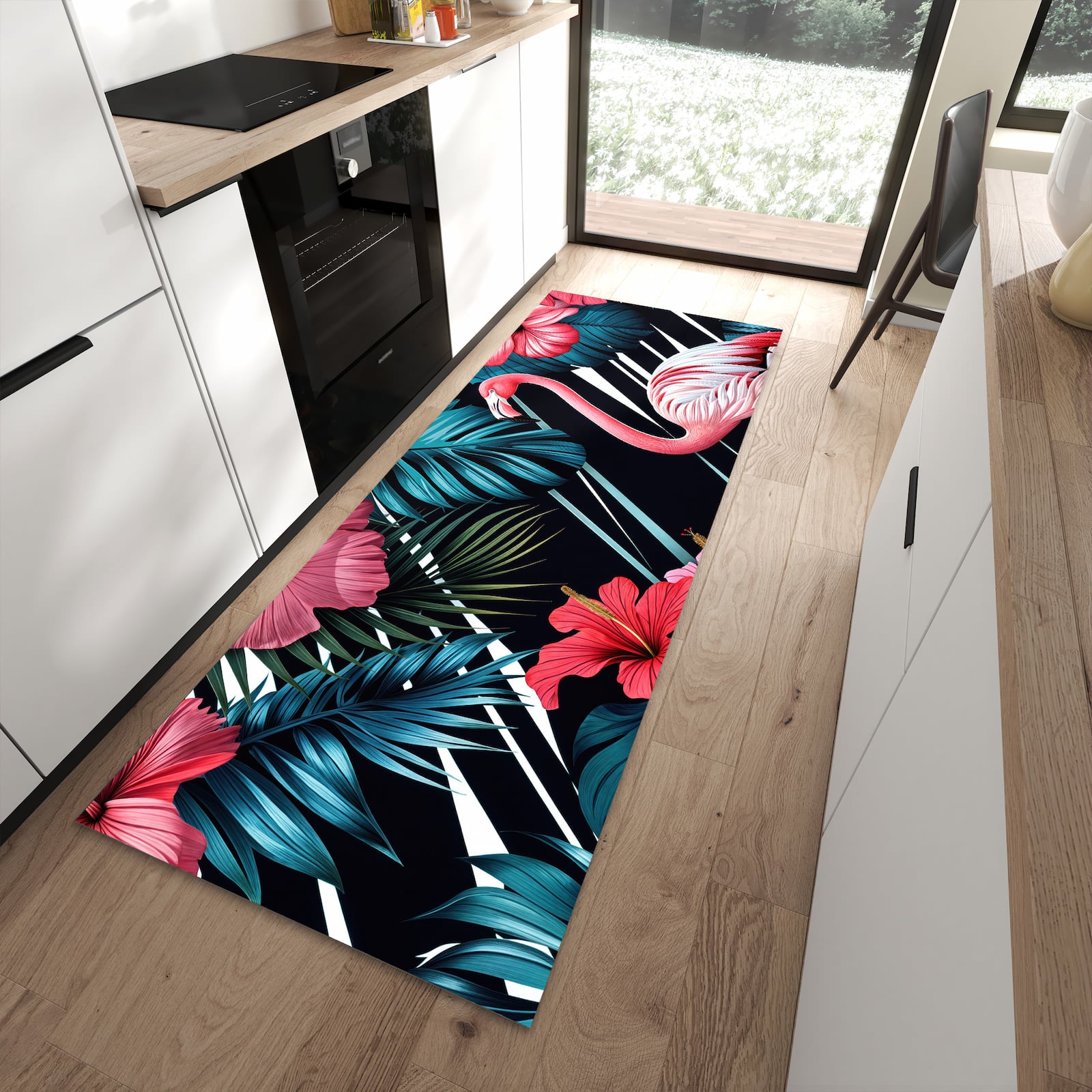 Flacher Küchenteppich mit Motiv Flamingo Paradise in moderner Küche