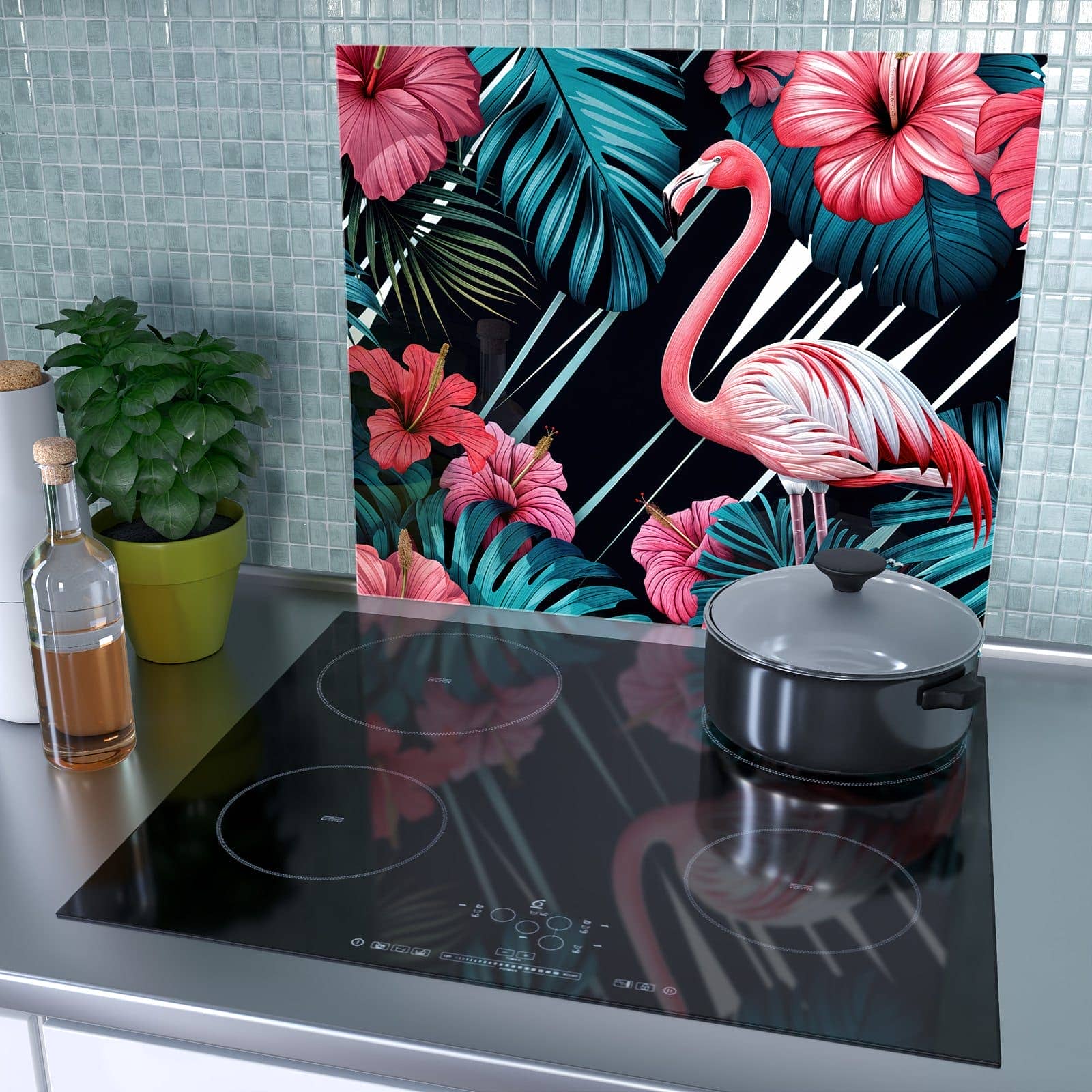 1-teilige Abdeckung für Herdplatten mit Flamingo Paradise-Motiv als Spritzschutz hinter dem Kochfeld