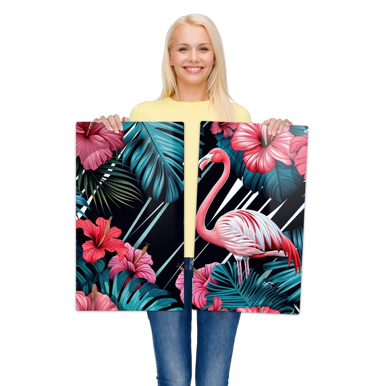 2-teilige Herdabdeckplatten aus Glas mit Flamingo Paradise-Motiv wird zur Größendarstellung gehalten