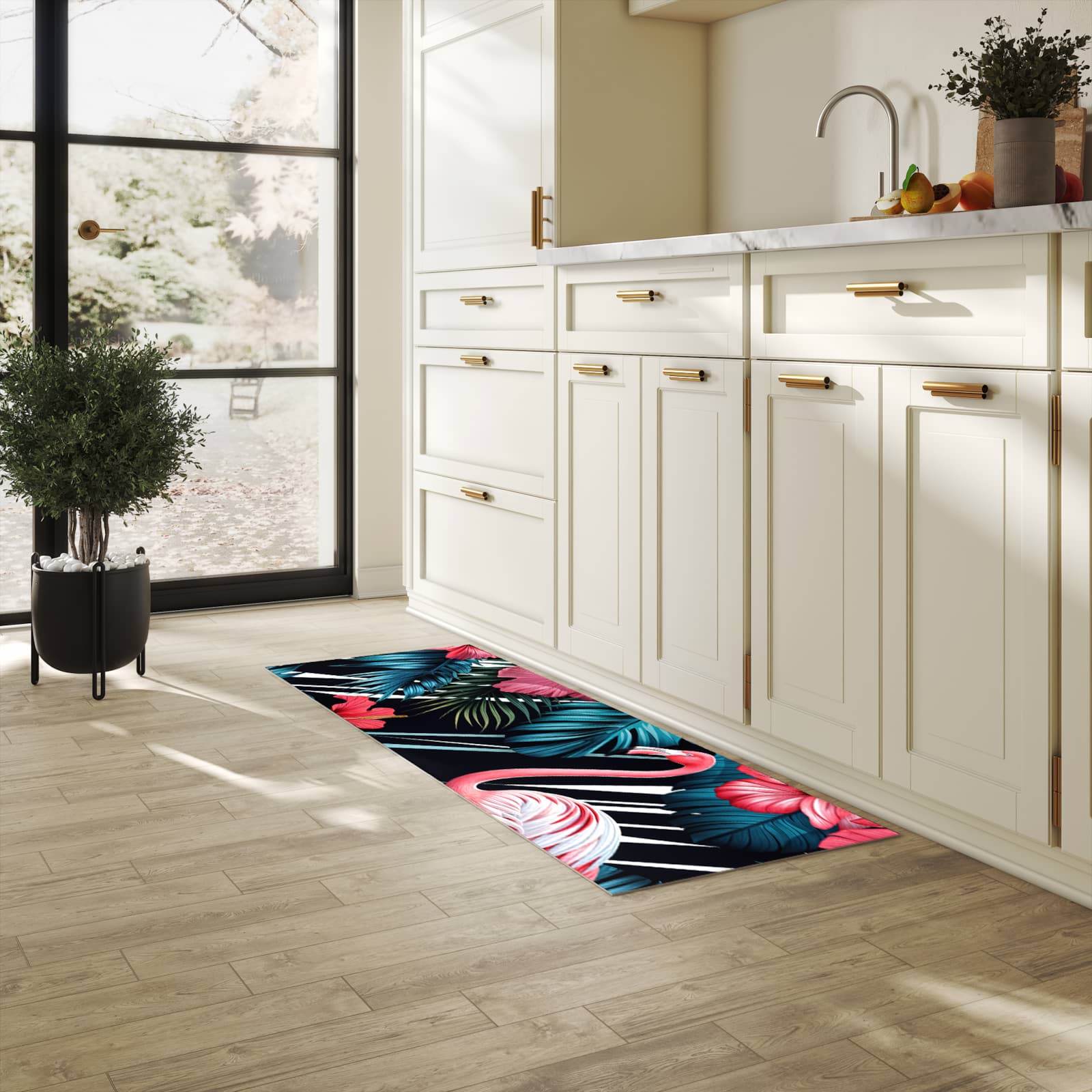 Bodenschonender rutschfester Küchenteppich mit Motiv Flamingo Paradise in heller Küche