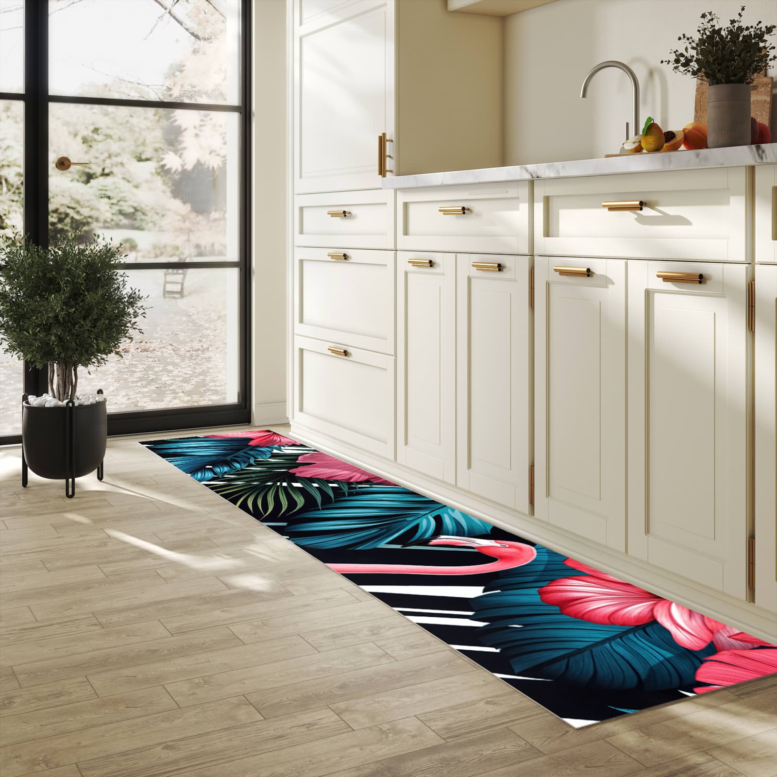 Waschbarer Küchenteppich mit Motiv Flamingo Paradise in heller Küche für sichere Aufbewahrung