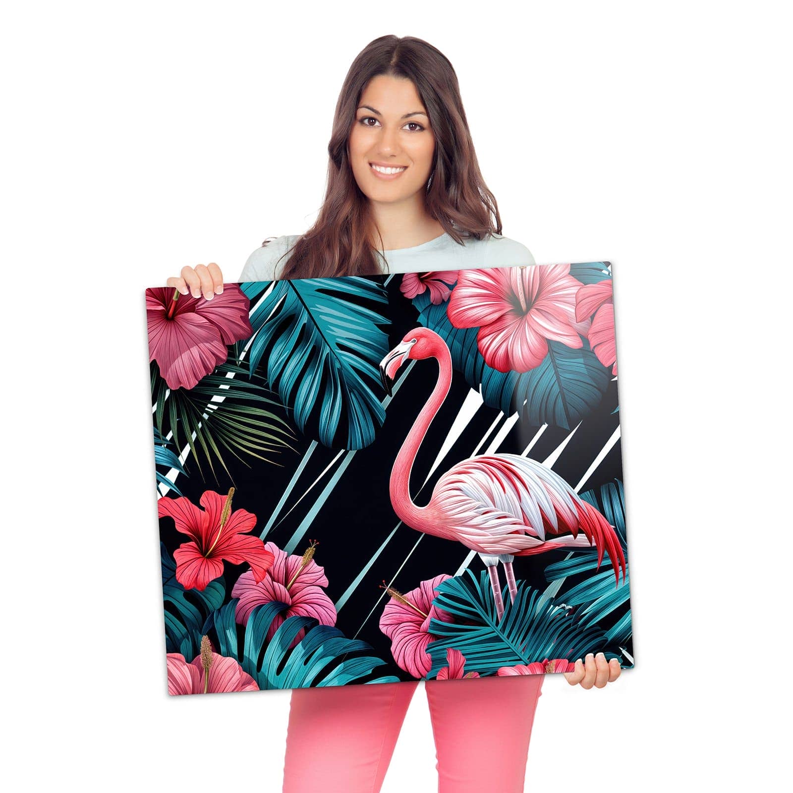 Herdabdeckplatte für Ceranfeld mit Flamingo Paradise-Motiv wird zur Größendarstellung gehalten