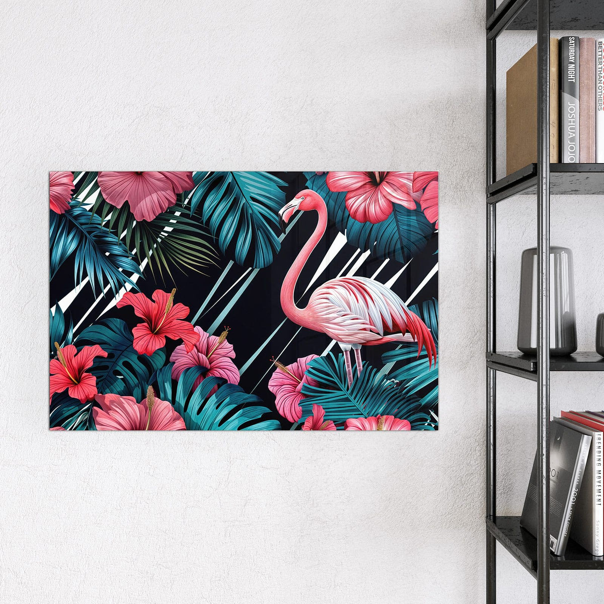 Magnettafel - Flamingo auf Schwarz – Flamingo zwischen Hibiskusblüten