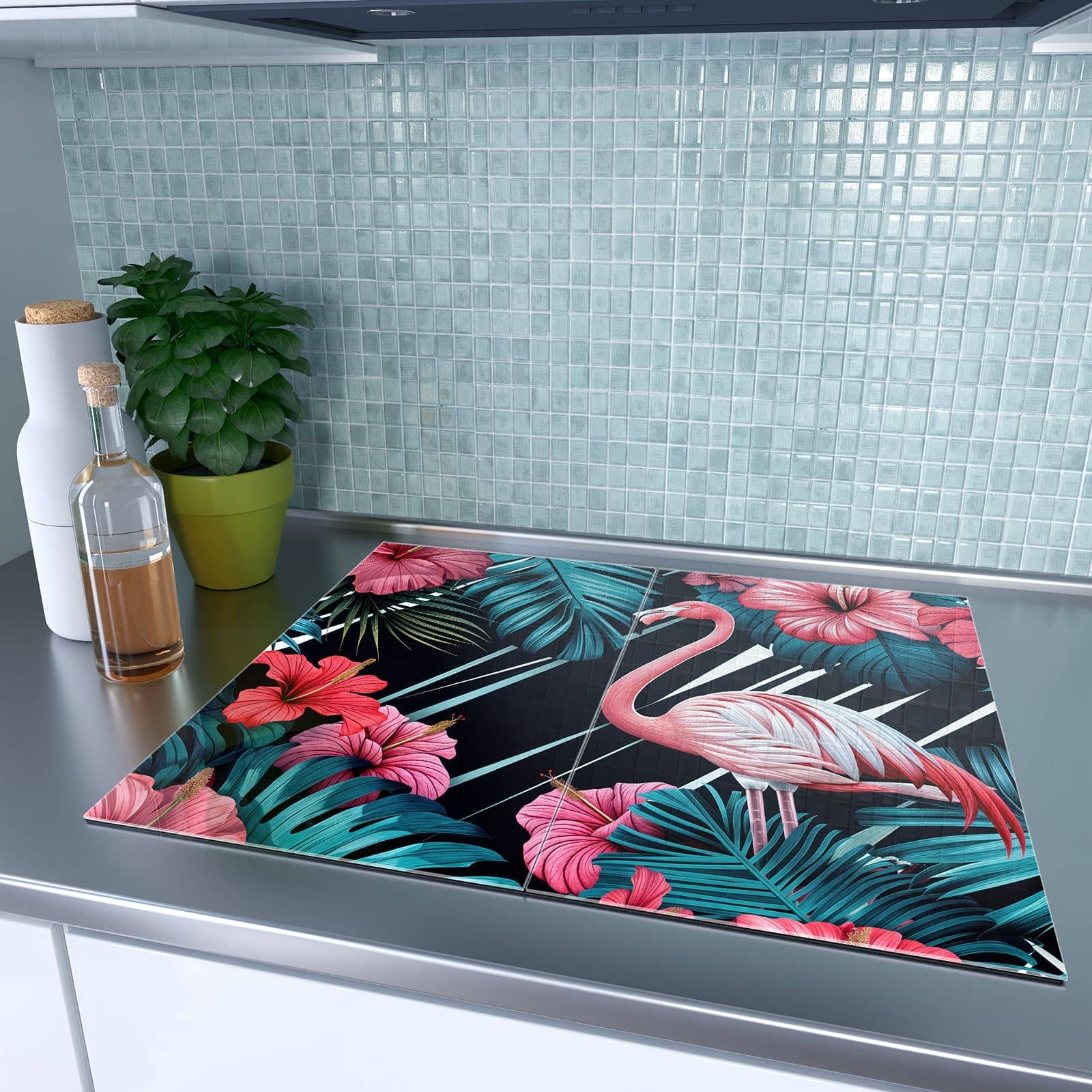 2-teilige Herdabdeckung mit Flamingo Paradise-Motiv auf dem Ceranfeld in moderner Küche