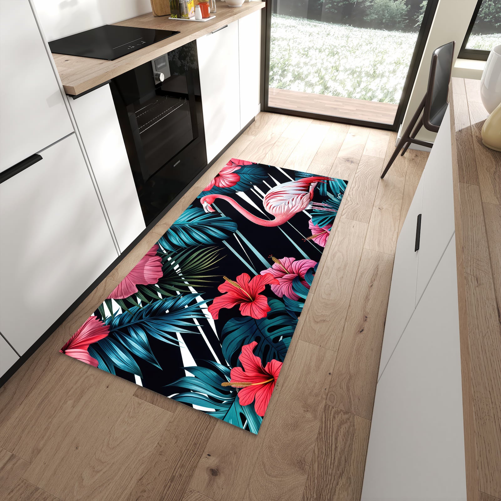 Langlebiger Küchenteppich mit Motiv Flamingo Paradise in moderner Küche
