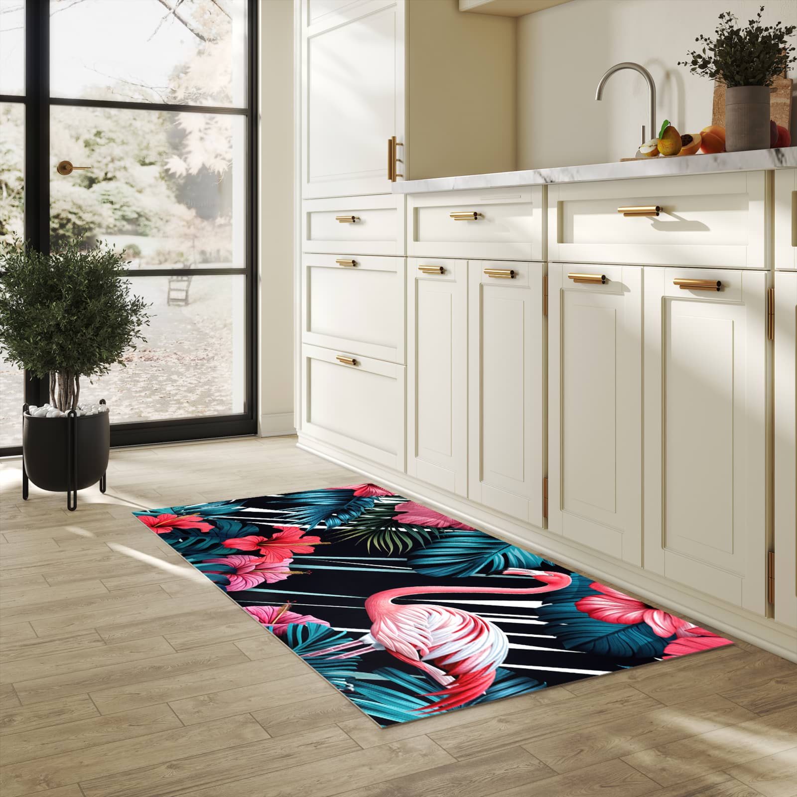 Wasserabweisender Küchenläufer mit Motiv Flamingo Paradise in heller Küche