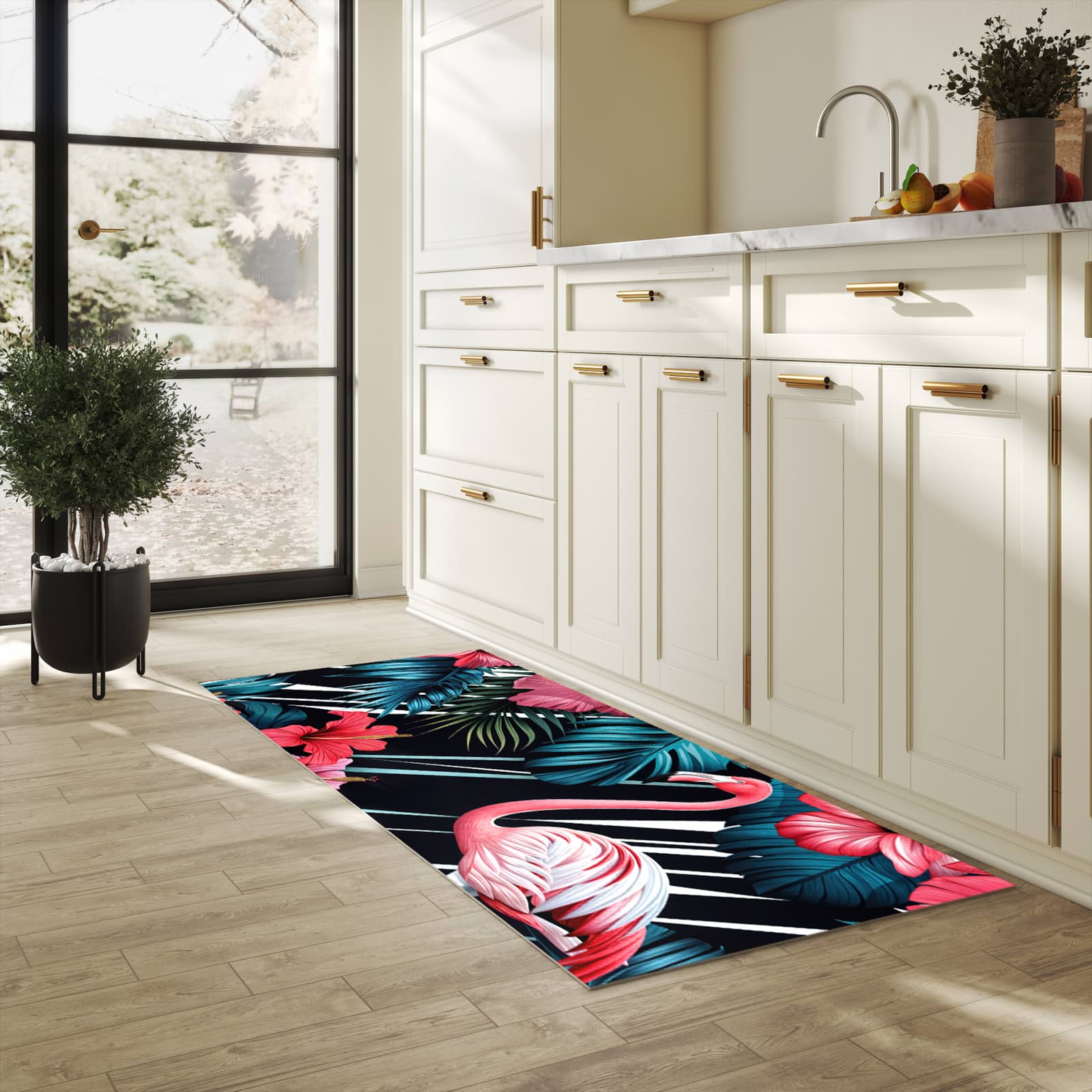 Geräuschdämpfender rutschfester Küchenteppich mit Motiv Flamingo Paradise in heller Küche