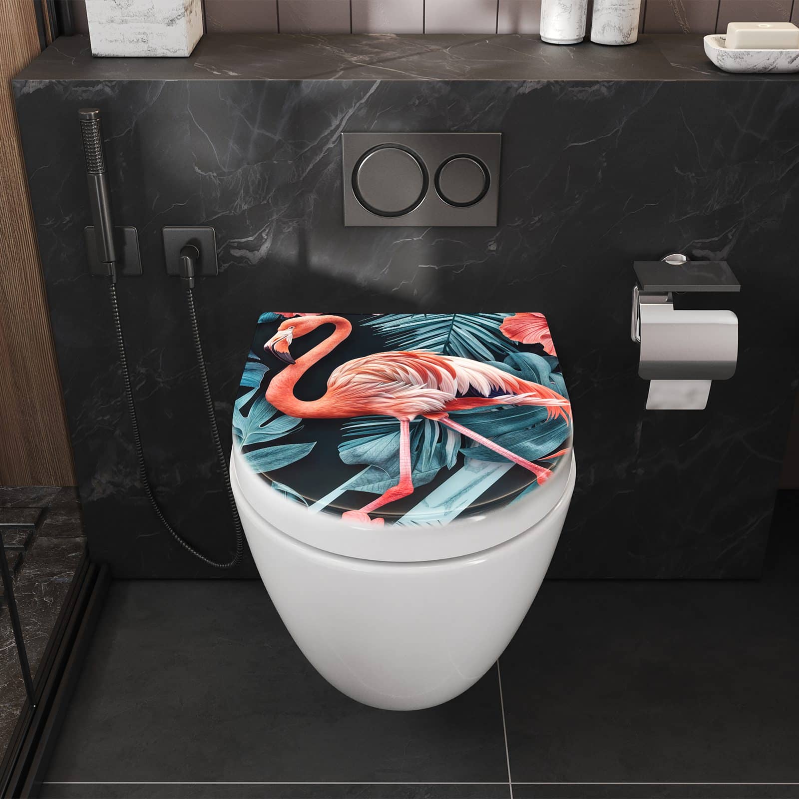 WC-Sitz mit Absenkautomatik Flamingos und Blumen