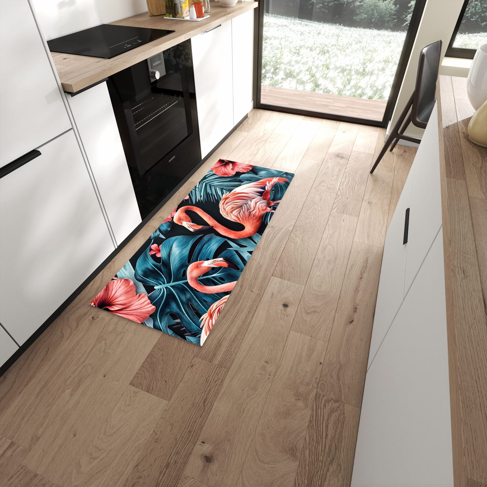 Pflegeleichter großer Küchenteppich mit Motiv Flamingos und Blumen in moderner Küche #grösse_60 x 150 cm