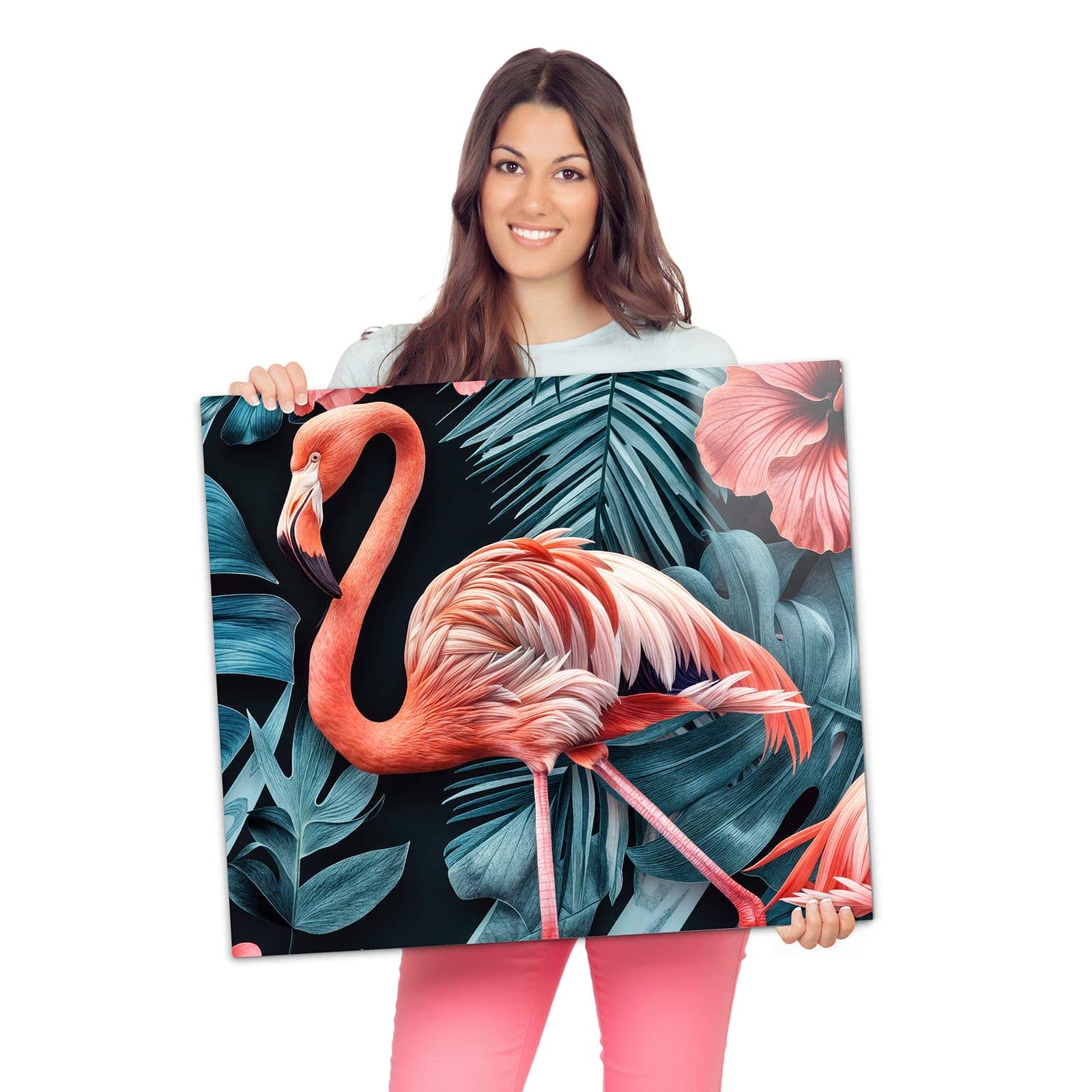 Glasabdeckplatte für Ceranfeld mit Flamingos und Blumen-Motiv wird zur Größendarstellung gehalten