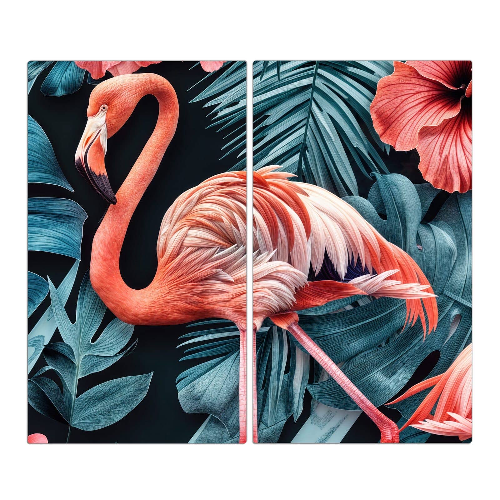 2-teilige Abdeckplatten für Ceranfeld mit Flamingos und Blumen-Motiv in der Frontansicht #grösse_2-Teilig (60x52cm)
