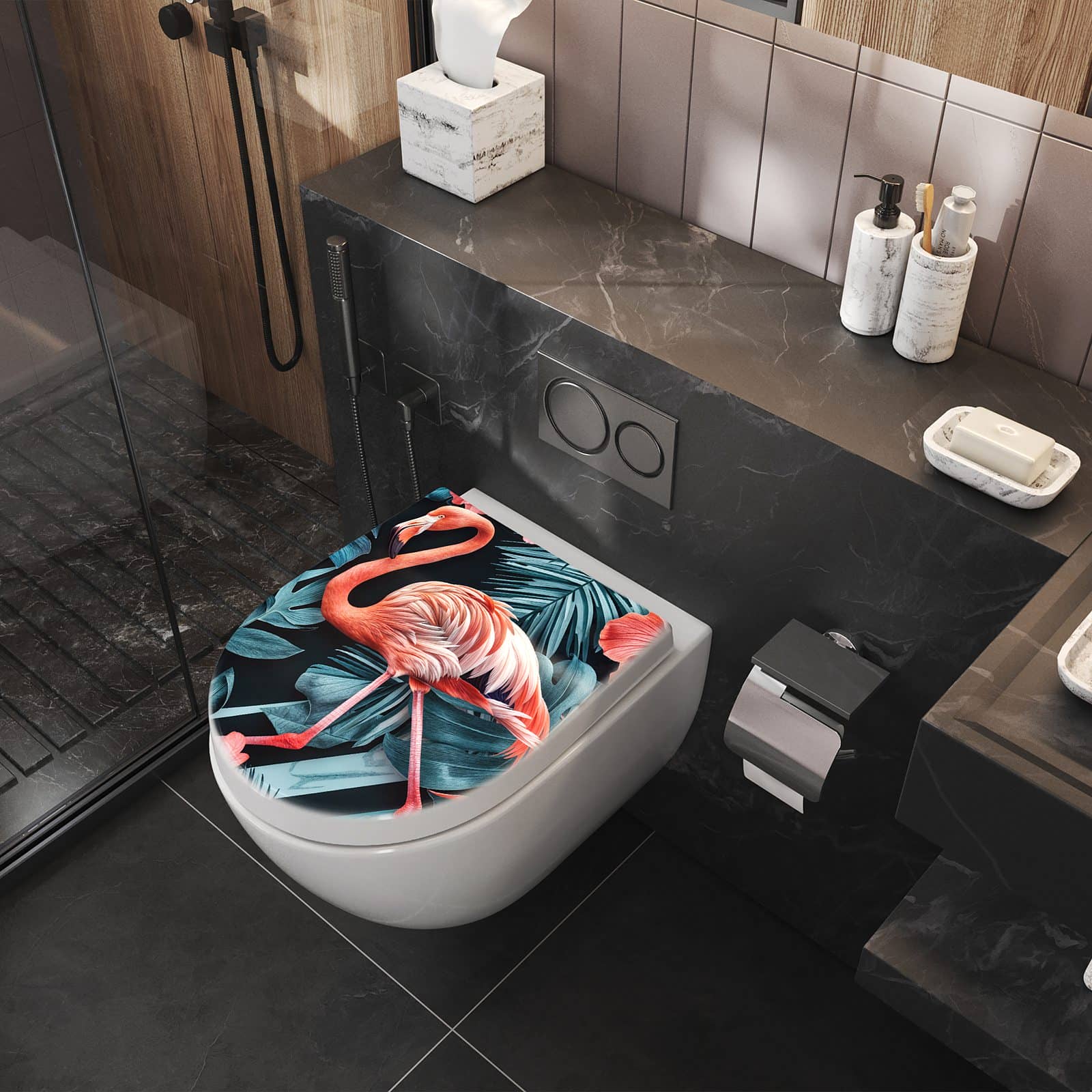 WC-Sitz mit Absenkautomatik Flamingos und Blumen