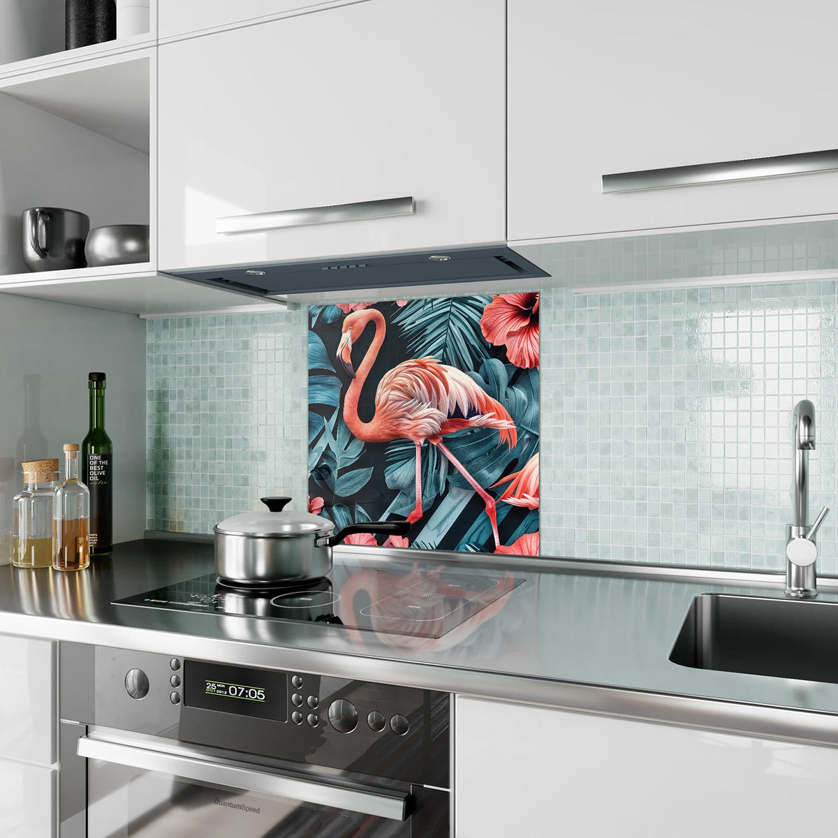 Küchenrückwand aus Glas Flamingo und Hibiskus im quadratischen Format als Spritzschutz hinter dem Kochfeld, über dem Fliesenspiegel montiert