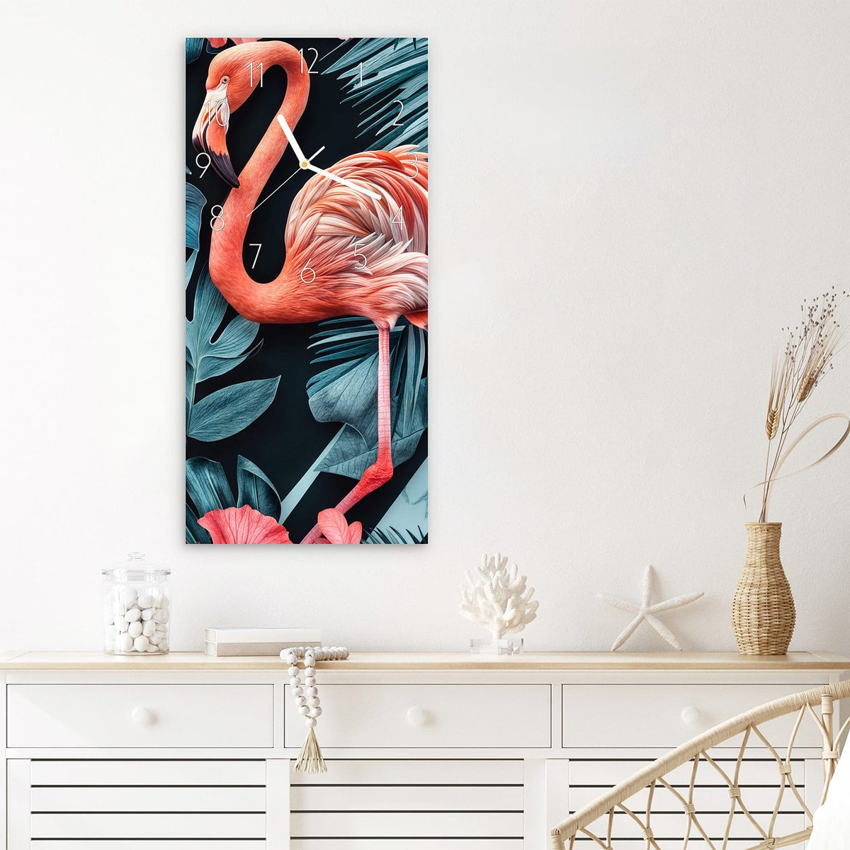 Wanduhr Flamingos und Blumen aus Glas – Zwei Flamingos vor Monstera