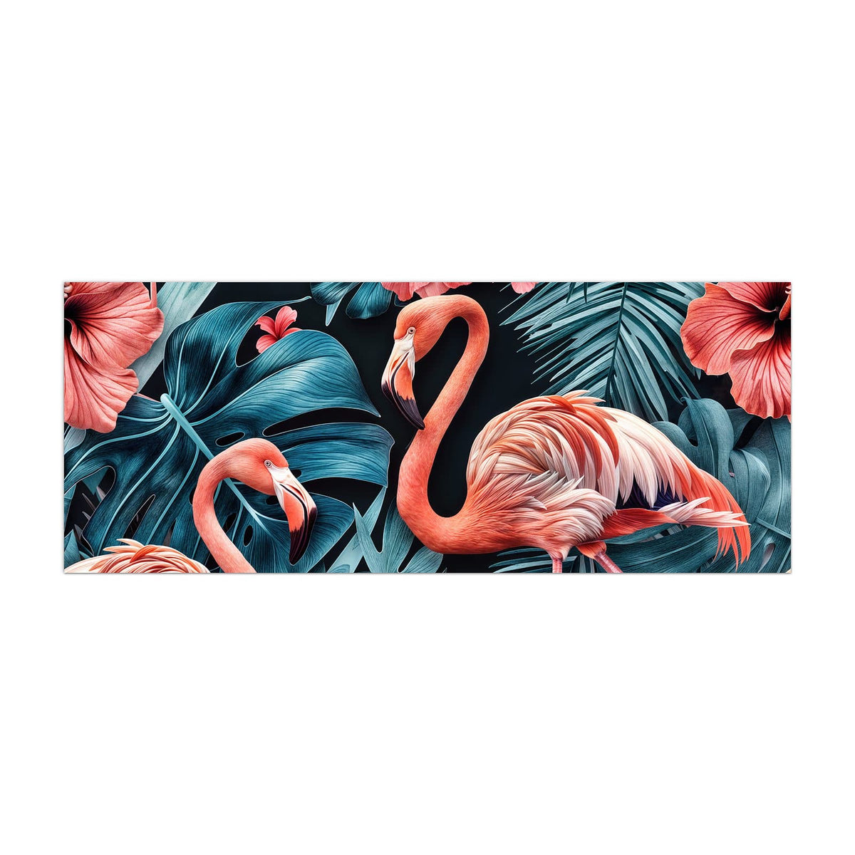Küchenrückwand aus Glas Flamingo und Hibiskus im Hochformat, Motiv bildfüllend von vorn