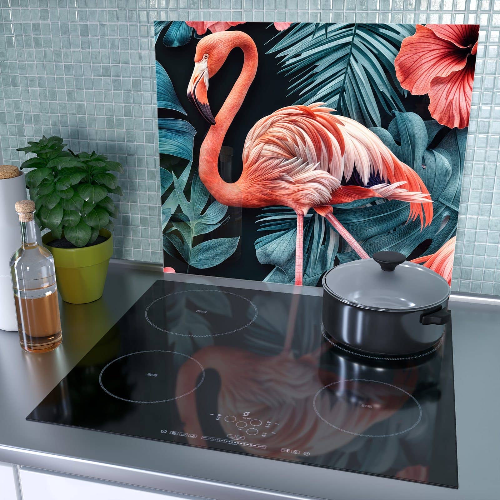 1-teilige Herdabdeckung für Induktionsfeld mit Flamingos und Blumen-Motiv als Spritzschutz hinter dem Kochfeld