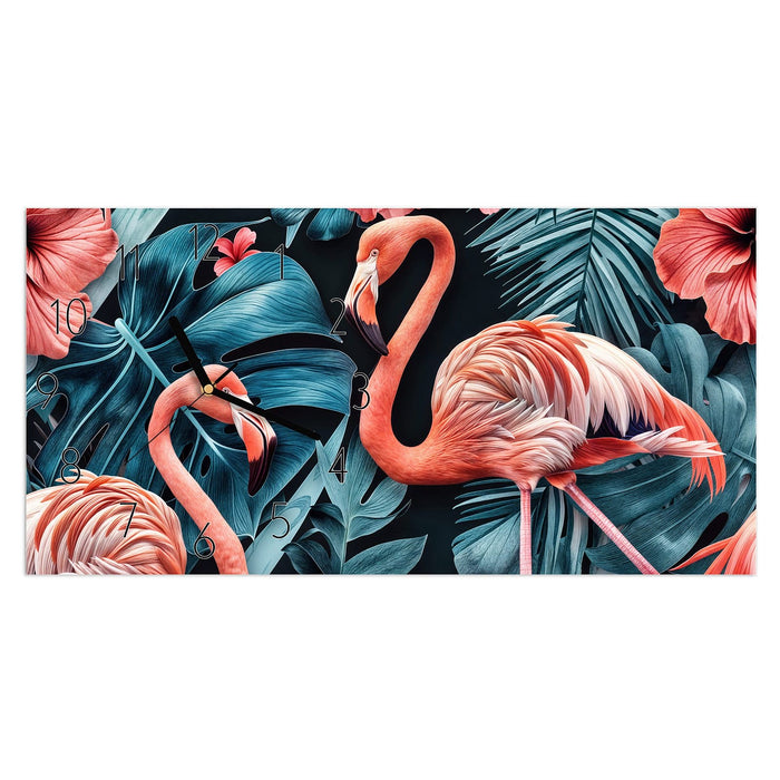 Wanduhr Flamingos und Blumen aus Glas – Querformat 60 × 30 cm mit Ziffernblatt Elegant