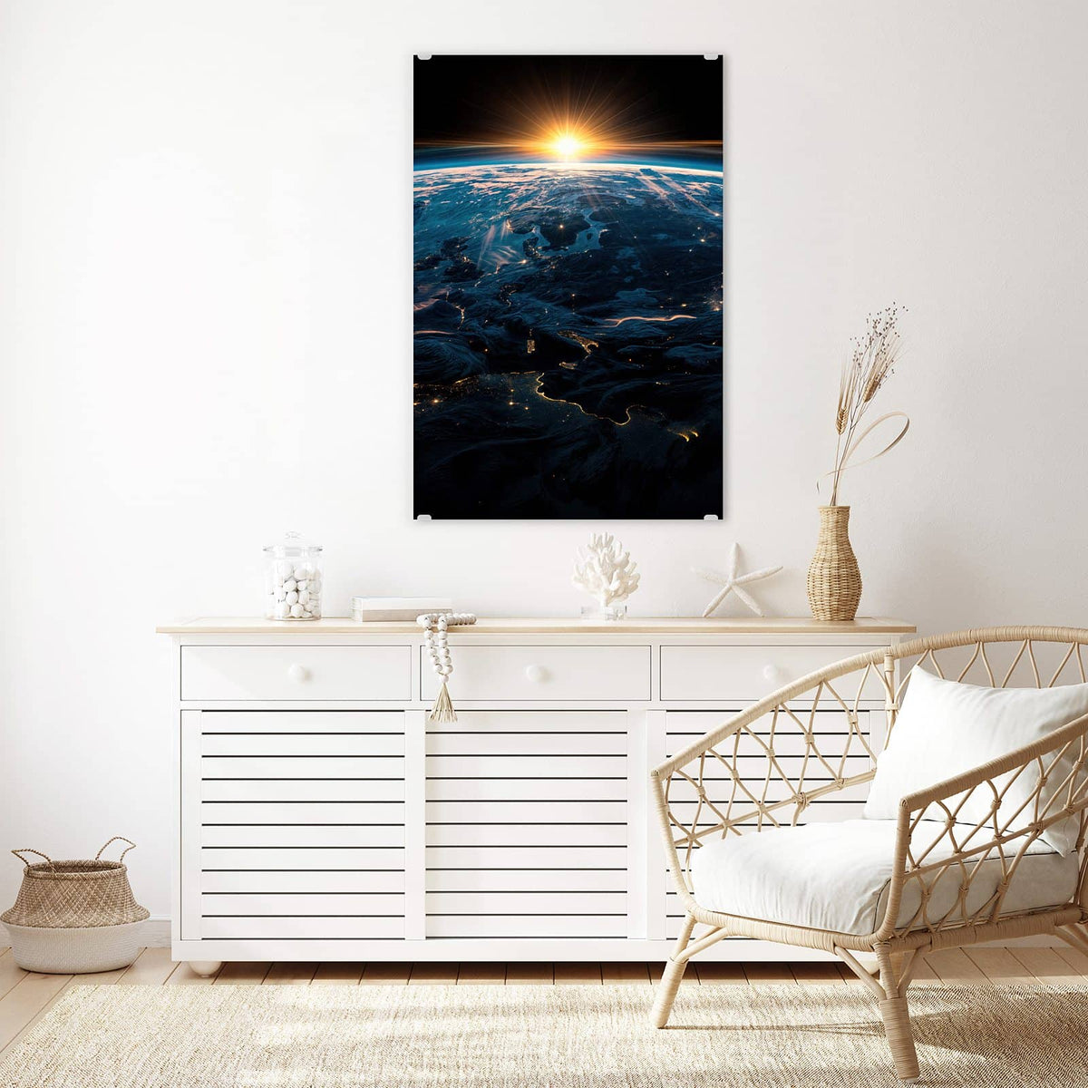Glasbild Erde mit Stadtlichtern an der Wand – Erde von oben bei Sonnenaufgang, auf der Nachtseite leuchten Stadtlichter