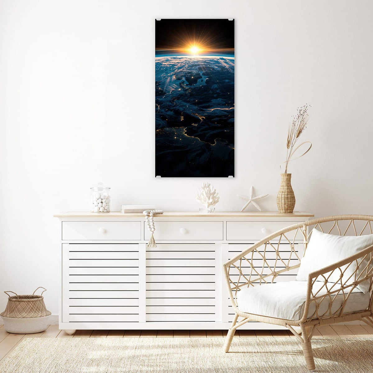 Glasbild Erde mit Stadtlichtern an der Wand – Erde von oben bei Sonnenaufgang, auf der Nachtseite leuchten Stadtlichter