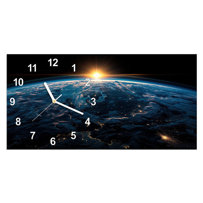 Wanduhr Sonnenaufgang Erde Panorama aus Glas – Querformat 60 × 30 cm mit Ziffernblatt Modern