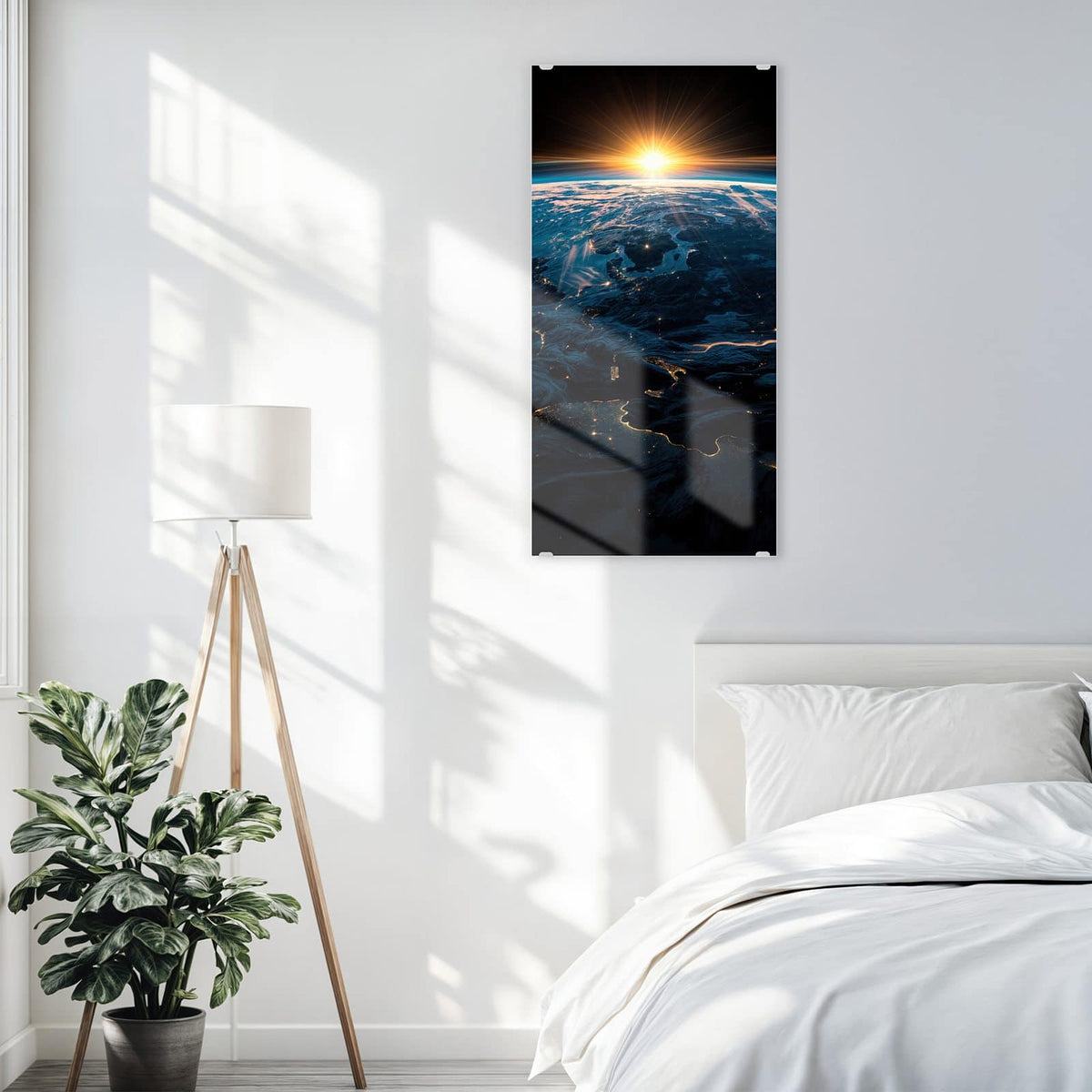 Glasbild Erde mit Stadtlichtern an der Wand – Erde von oben bei Sonnenaufgang, auf der Nachtseite leuchten Stadtlichter