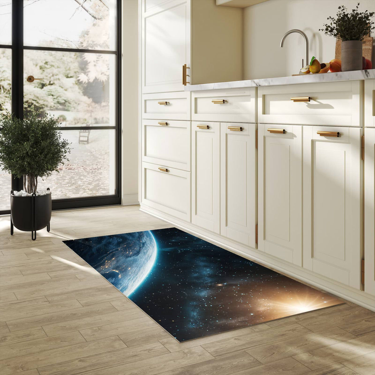 Bodenschonender Küchenteppich mit Motiv Planet im Universum in heller Küche
