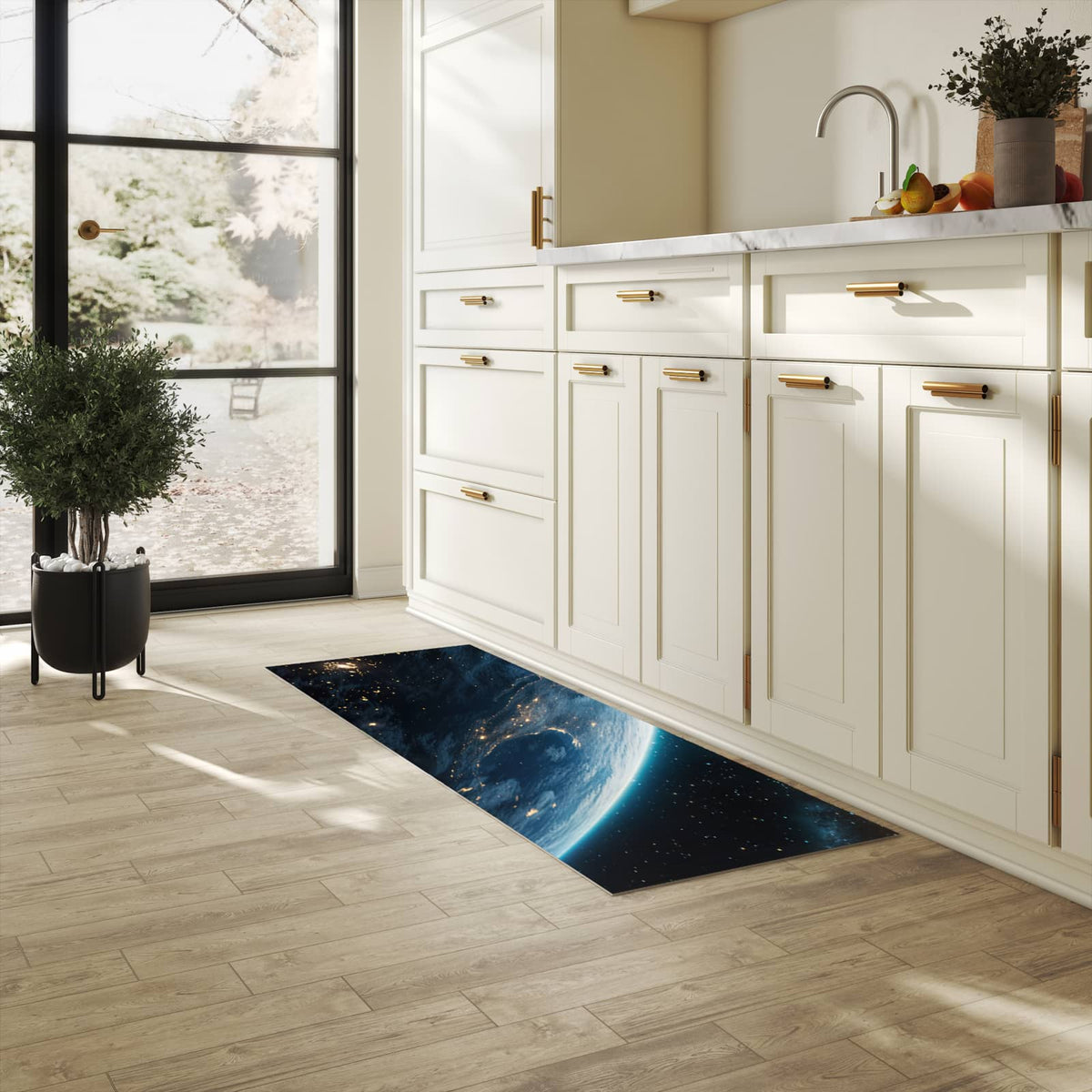 Rutschfester Küchenläufer mit Motiv Planet im Universum in heller Küche