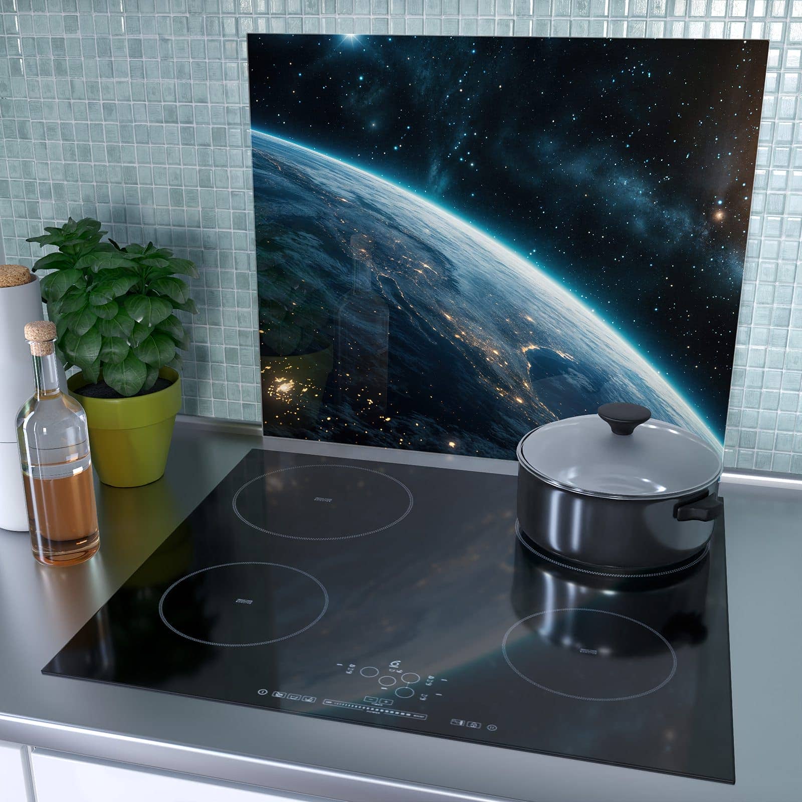 1-teilige Herdabdeckplatten für Ceranfeld mit Planet im Universum-Motiv als Spritzschutz hinter dem Kochfeld