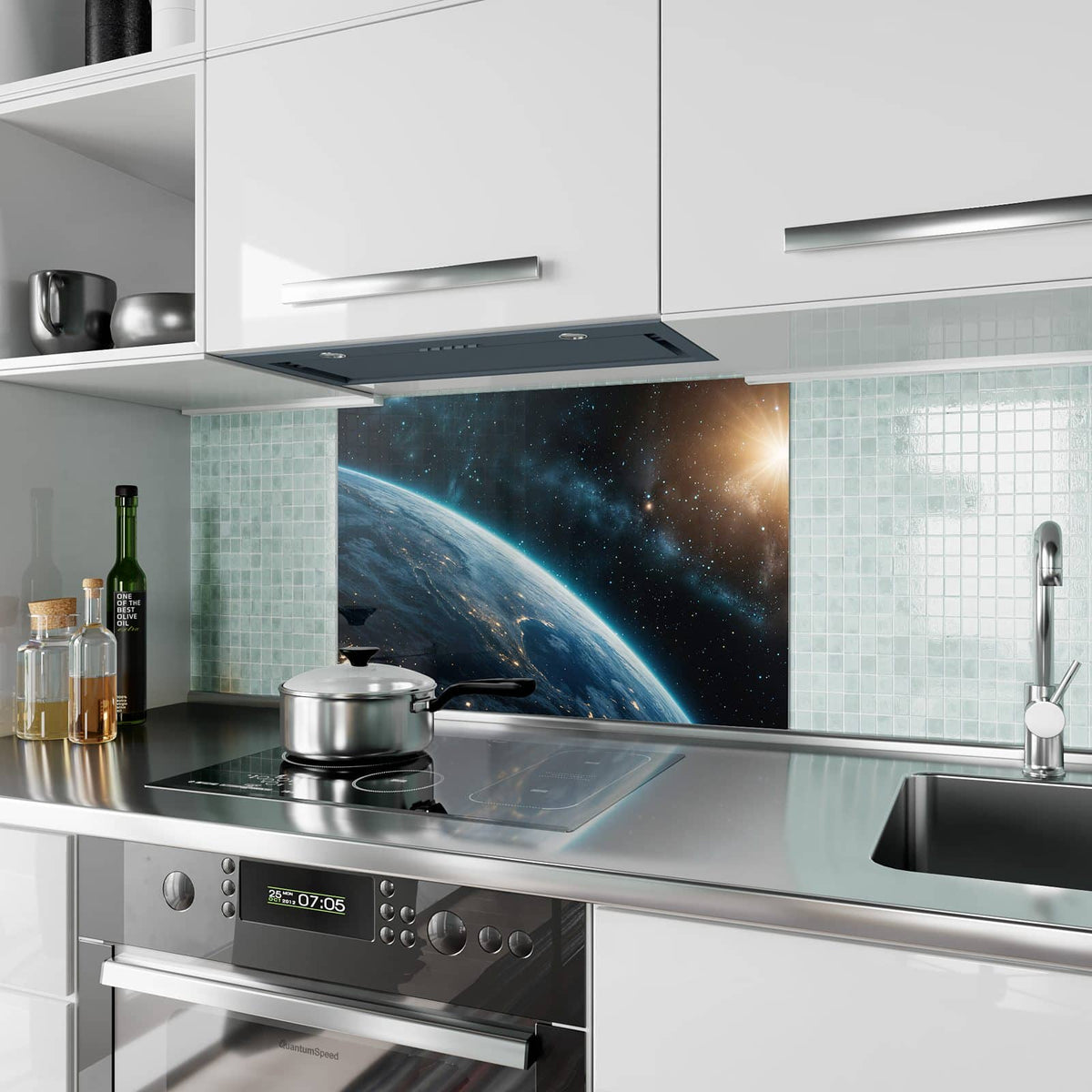 Küchenrückwand aus Glas Erdrand im Sternenlicht im Hochformat als Spritzschutz hinter dem Kochfeld, über dem Fliesenspiegel montiert