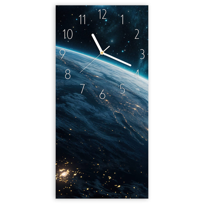 Wanduhr Planet im Universum aus Glas – Hochformat 30 × 60 cm mit Ziffernblatt Elegant