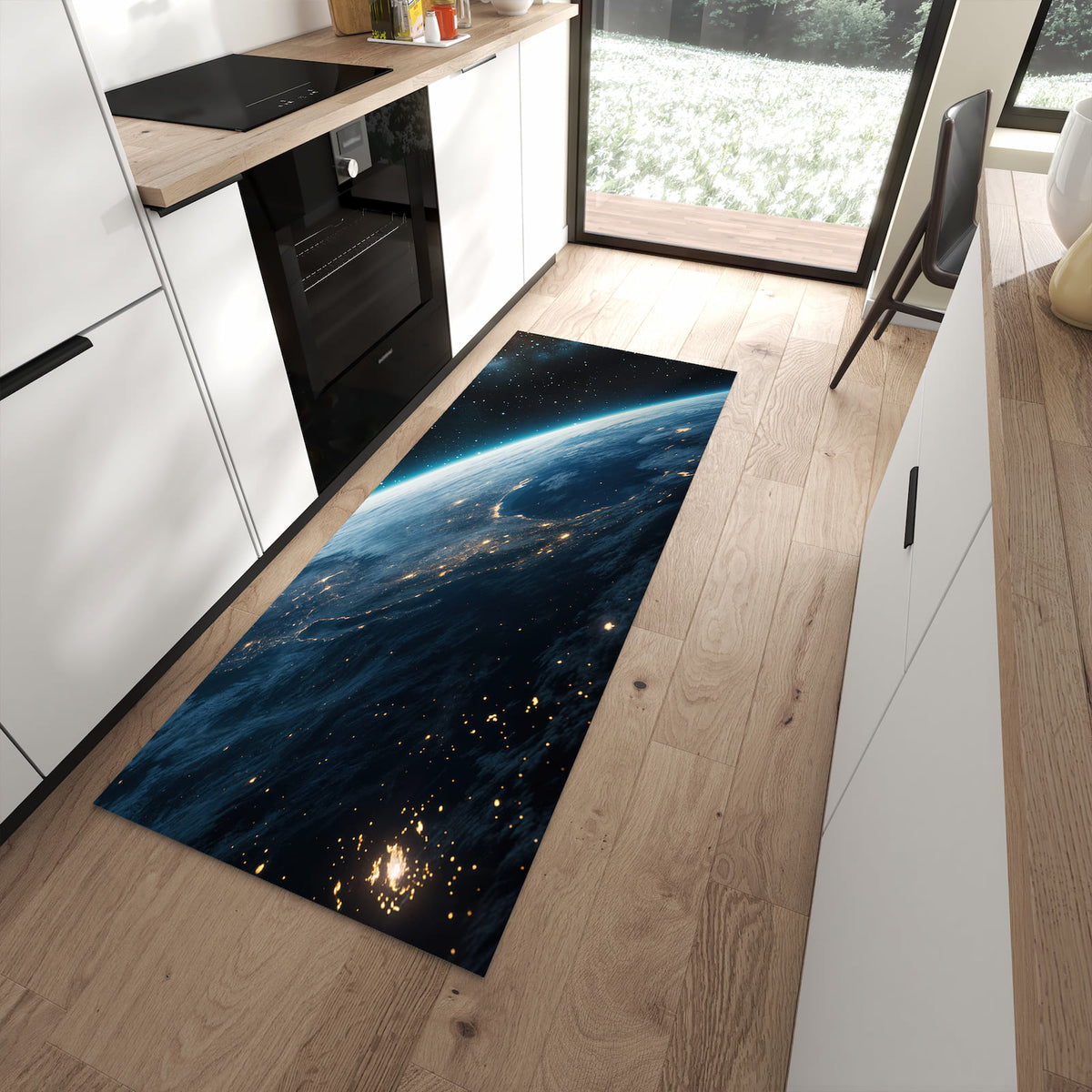 Bodenschonender waschbarer Läufer für die Küche mit Motiv Planet im Universum in moderner Küche