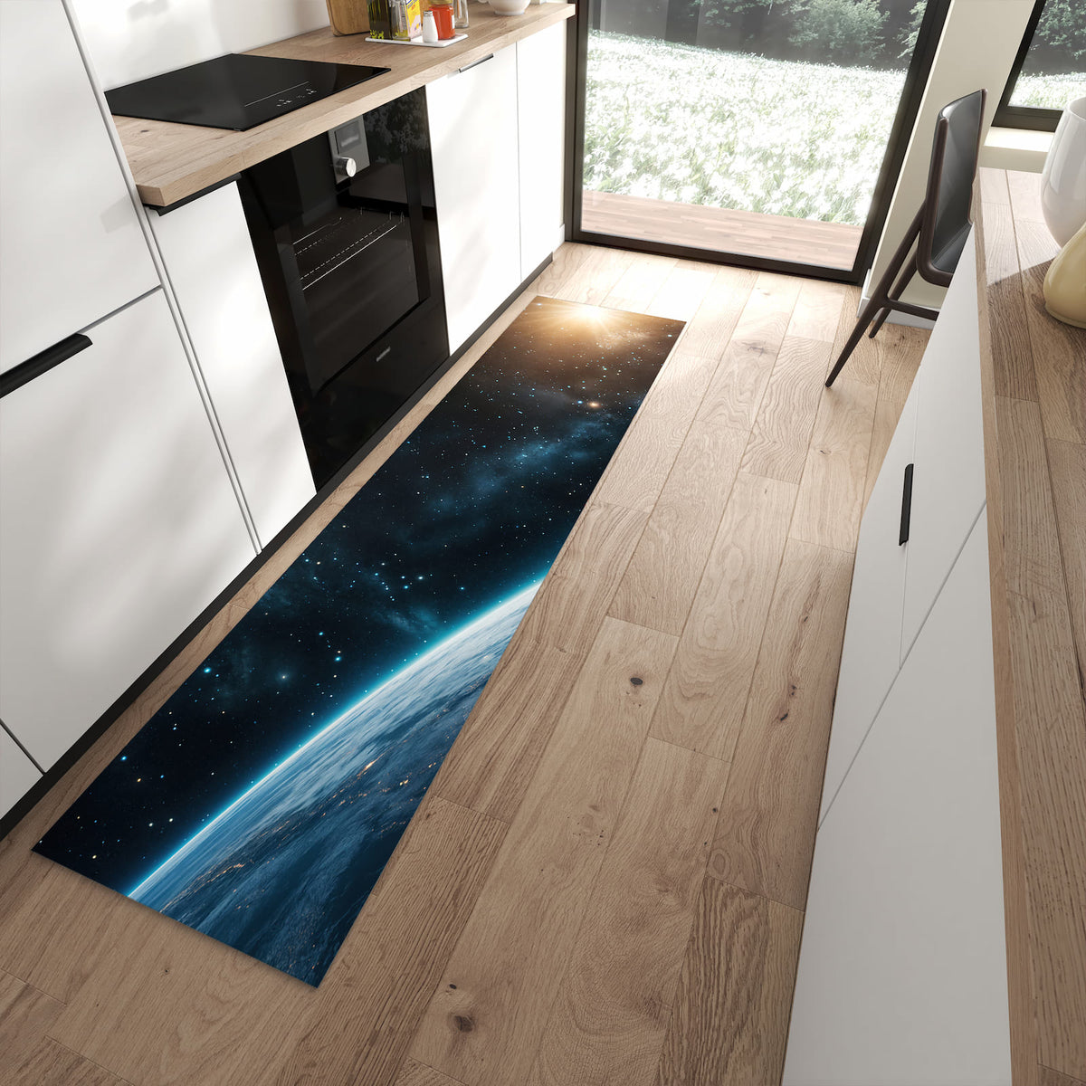 Waschbarer Küchenteppich mit Motiv Planet im Universum in moderner Küche