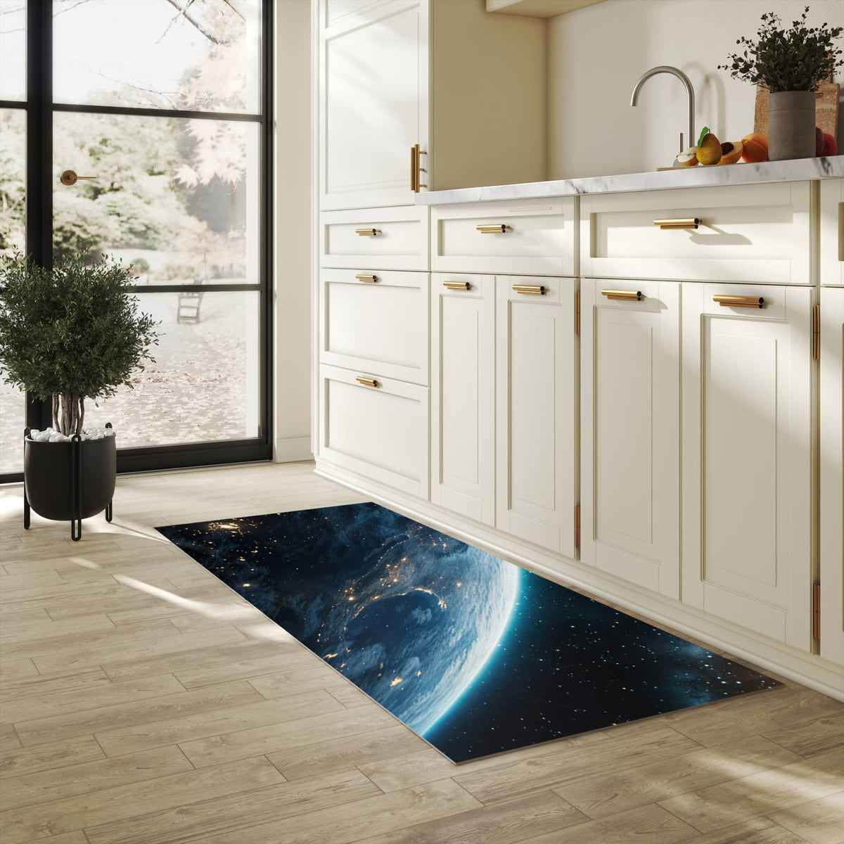 Abwaschbarer Küchenteppich mit Motiv Planet im Universum in heller Küche