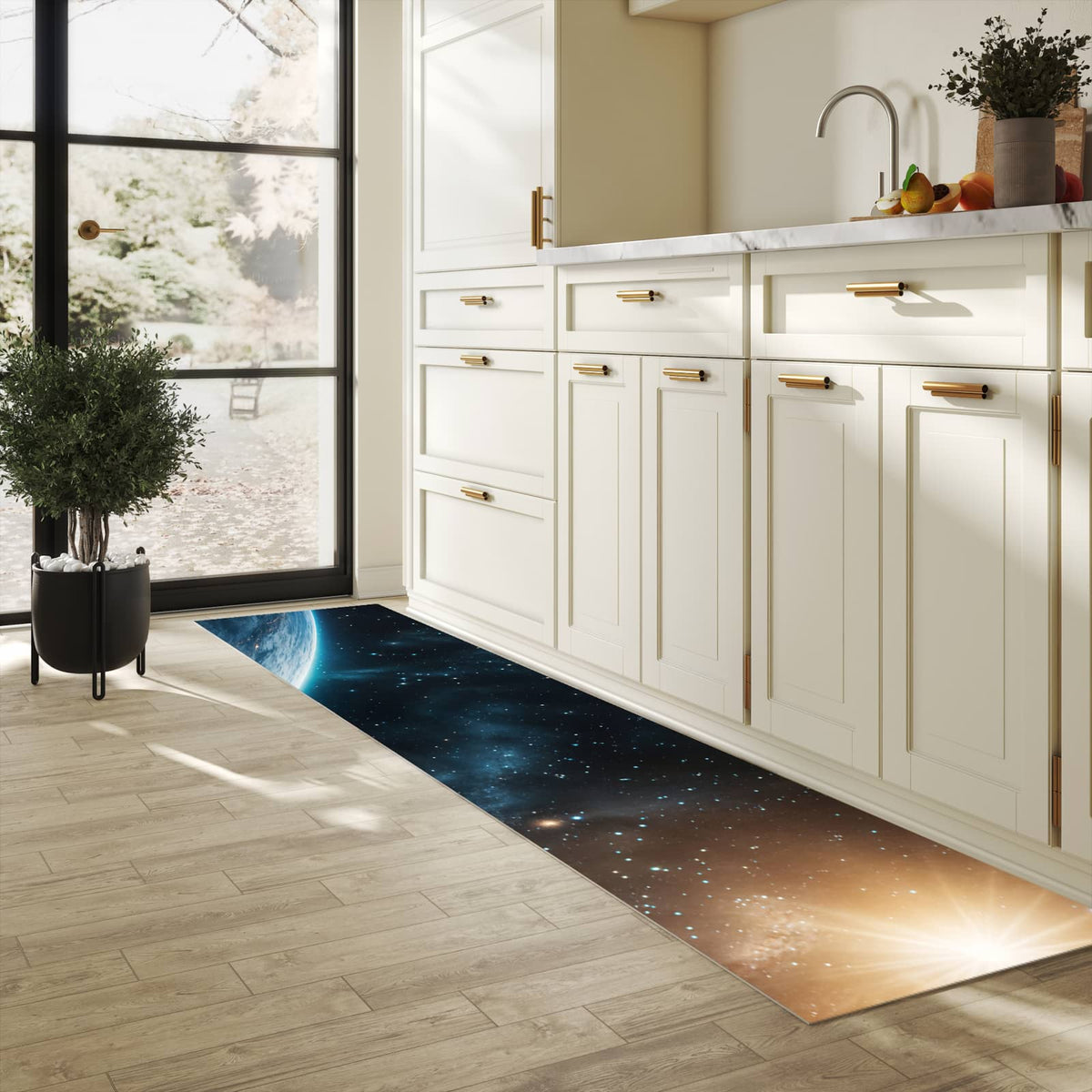 Hygienischer moderner Küchenläufer mit Motiv Planet im Universum in heller Küche