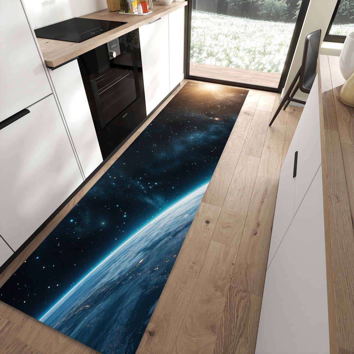 Farbbeständiger Läufer für den Eingangsbereich mit Motiv Planet im Universum in moderner Küche