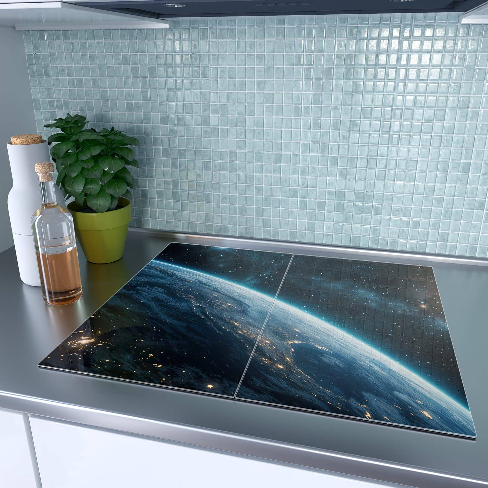 2-teilige Herdabdeckplatten aus Glas mit Planet im Universum-Motiv auf dem Ceranfeld