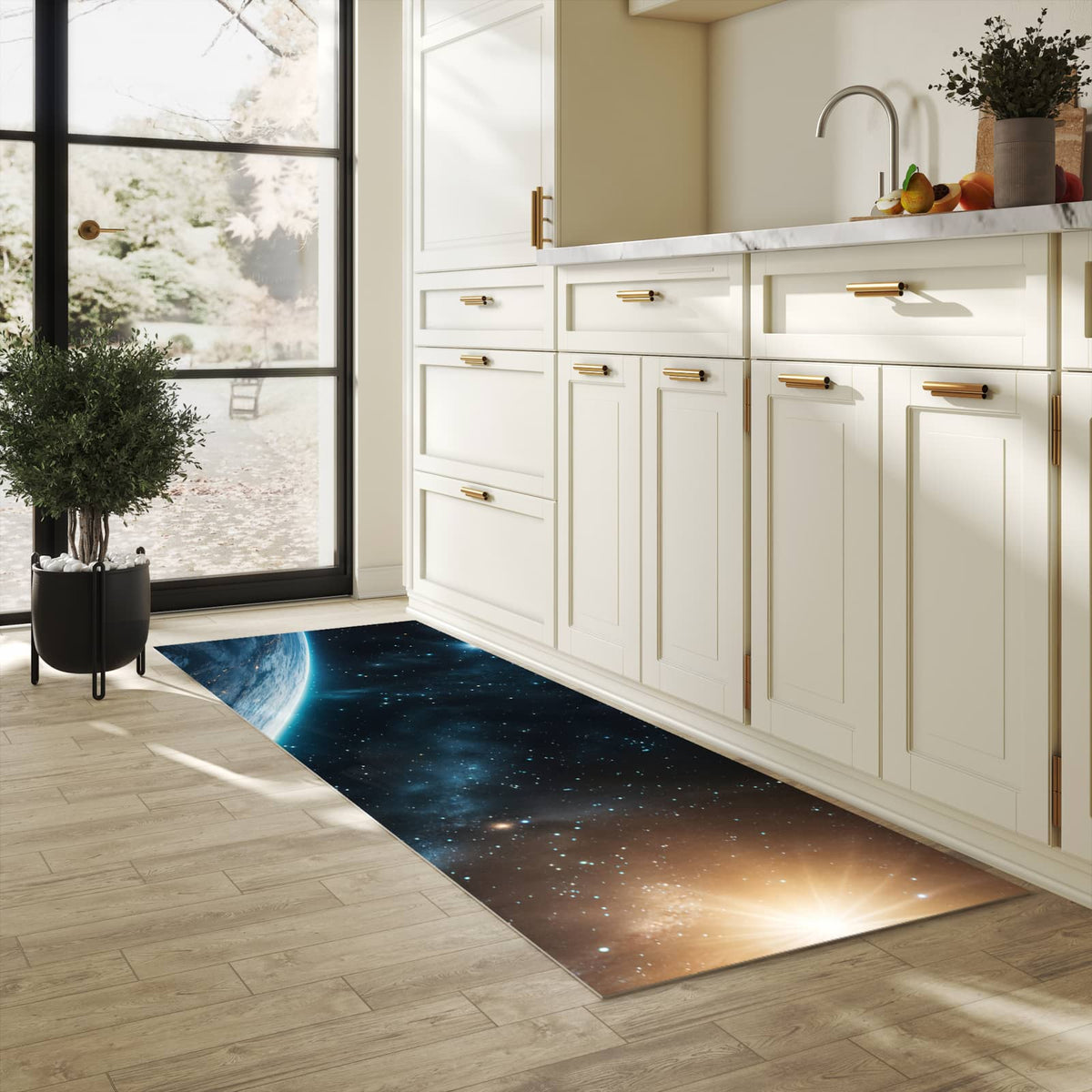 Langlebiger Küchenläufer mit Motiv Planet im Universum in heller Küche