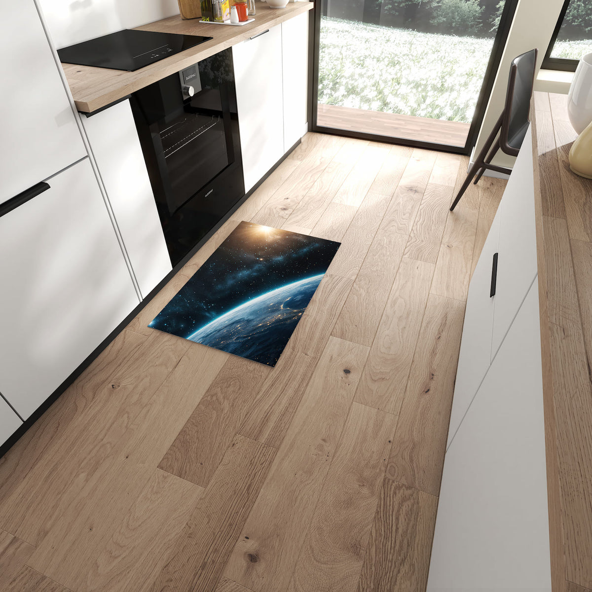 Feuchtigkeitsresistenter Teppichläufer mit Motiv Planet im Universum in moderner Küche